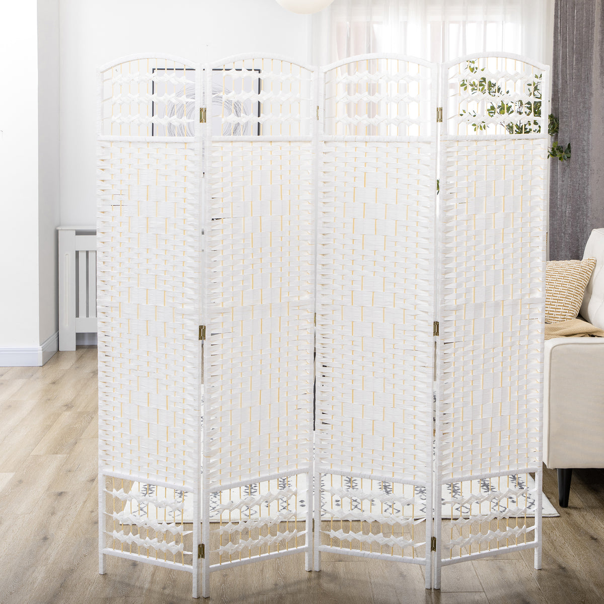 4-Panel Folding Room Divider - White Woven Fiber 67" H-Home Furnishings > Living Room Furniture > Room Dividers-DECOROLALA