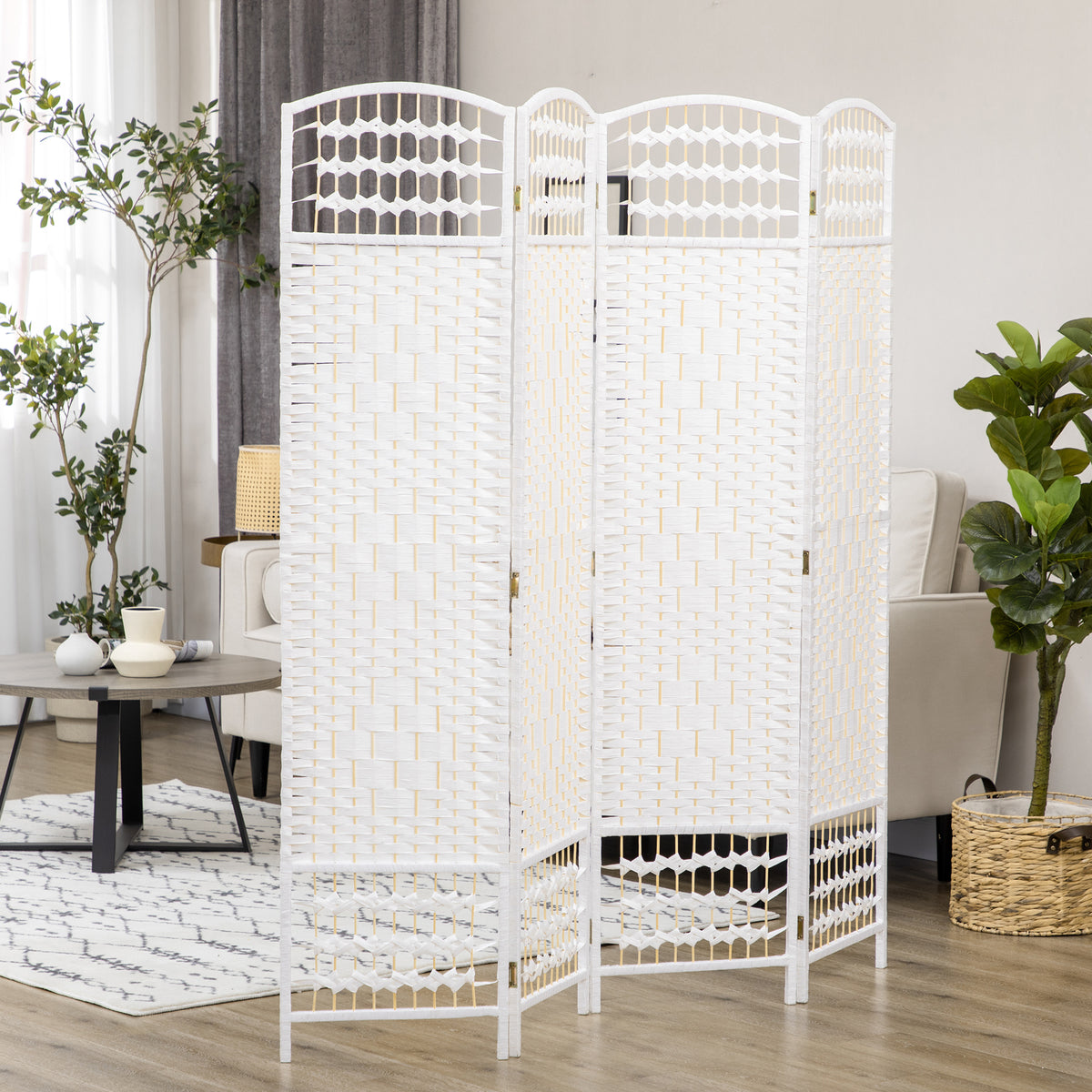 4-Panel Folding Room Divider - White Woven Fiber 67" H-Home Furnishings > Living Room Furniture > Room Dividers-DECOROLALA
