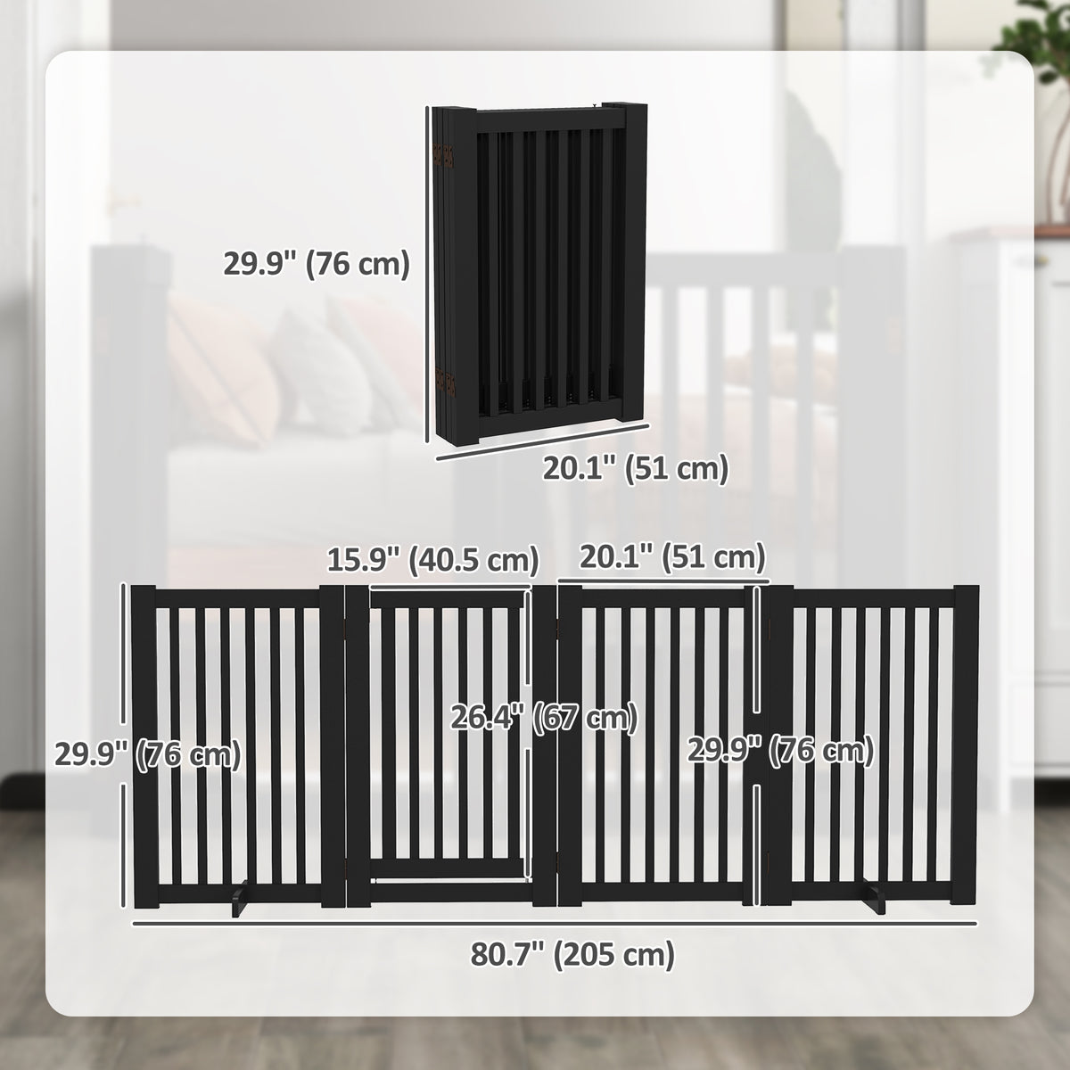 4-Panel Free Standing Wooden Pet Gate with Door - Black 30"H-Dogs-DECOROLALA