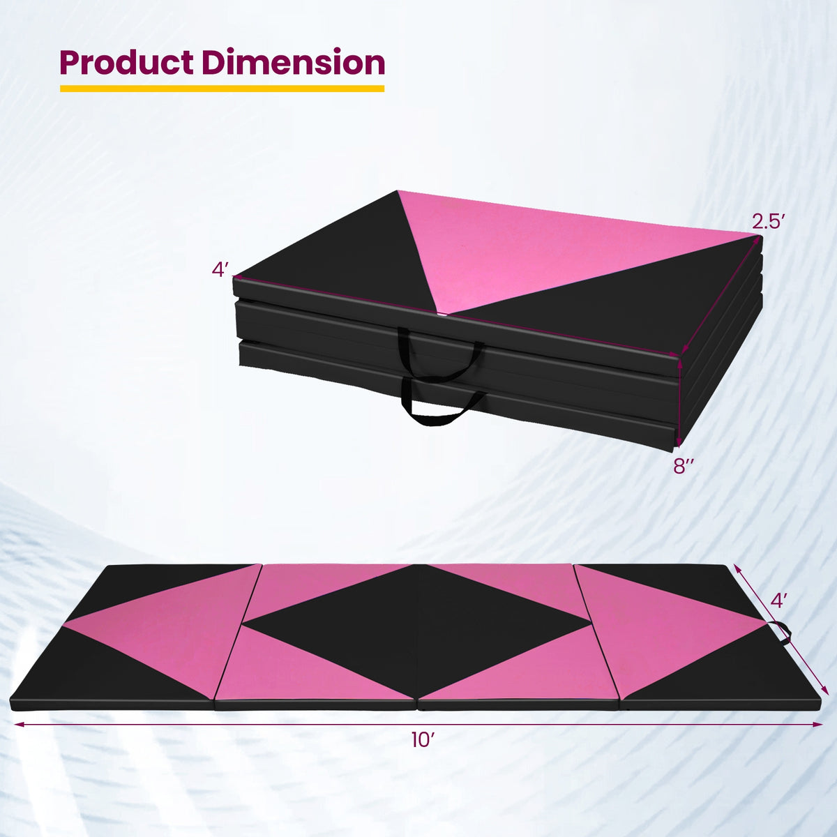 4-Panel PU Leather Folding Exercise Gym Mat with Hook and Loop Fasteners-Black & Pink-Yoga & Gym Mats-DECOROLALA