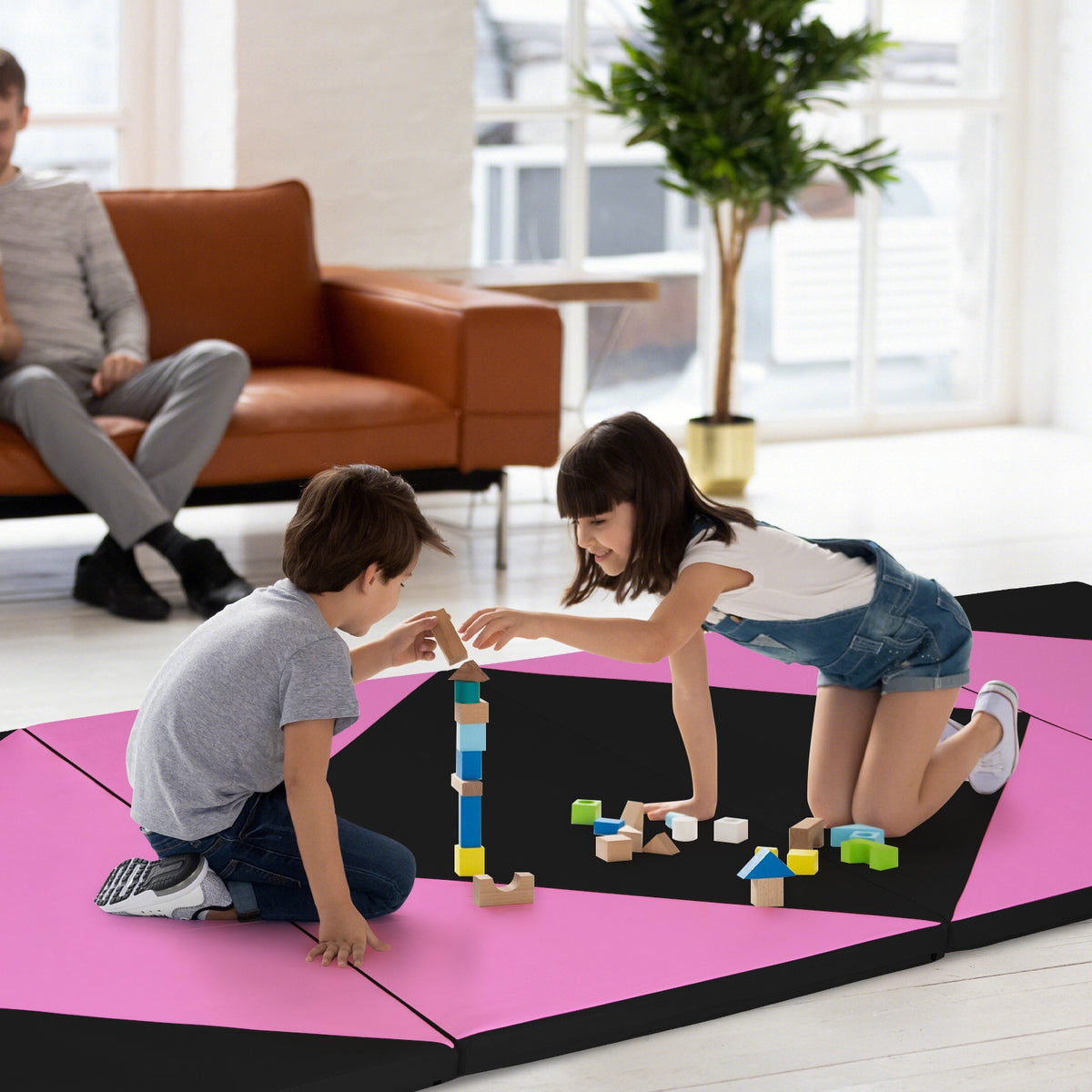4-Panel PU Leather Folding Exercise Gym Mat with Hook and Loop Fasteners-Black & Pink-Yoga & Gym Mats-DECOROLALA