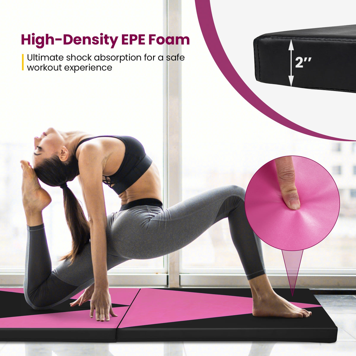 4-Panel PU Leather Folding Exercise Gym Mat with Hook and Loop Fasteners-Black & Pink-Yoga & Gym Mats-DECOROLALA