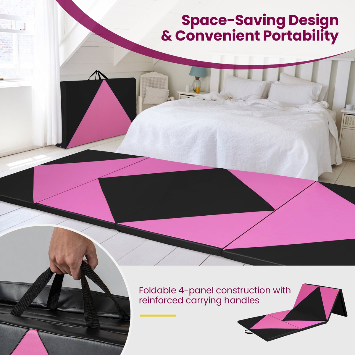 4-Panel PU Leather Folding Exercise Gym Mat with Hook and Loop Fasteners-Black & Pink-Yoga & Gym Mats-DECOROLALA
