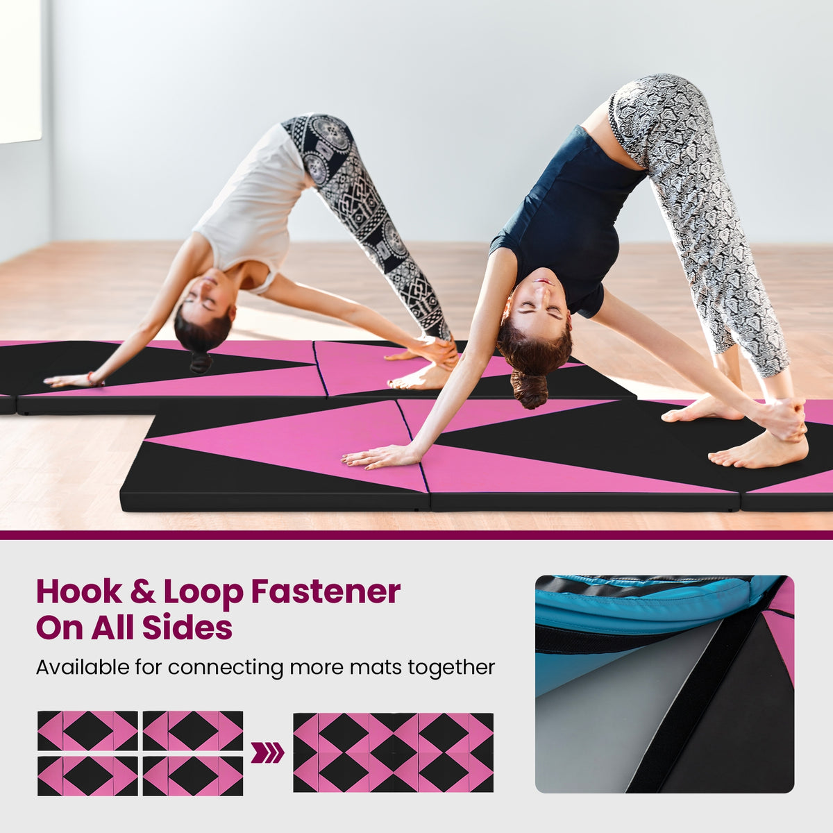 4-Panel PU Leather Folding Exercise Gym Mat with Hook and Loop Fasteners-Black & Pink-Yoga & Gym Mats-DECOROLALA
