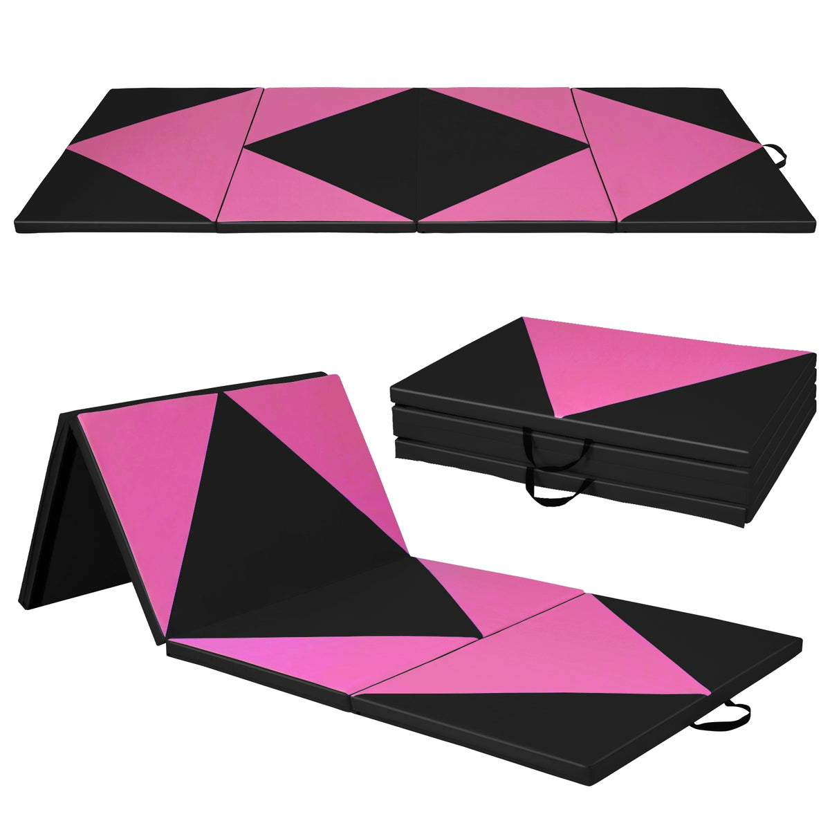 4-Panel PU Leather Folding Exercise Gym Mat with Hook and Loop Fasteners-Black & Pink-Yoga & Gym Mats-DECOROLALA