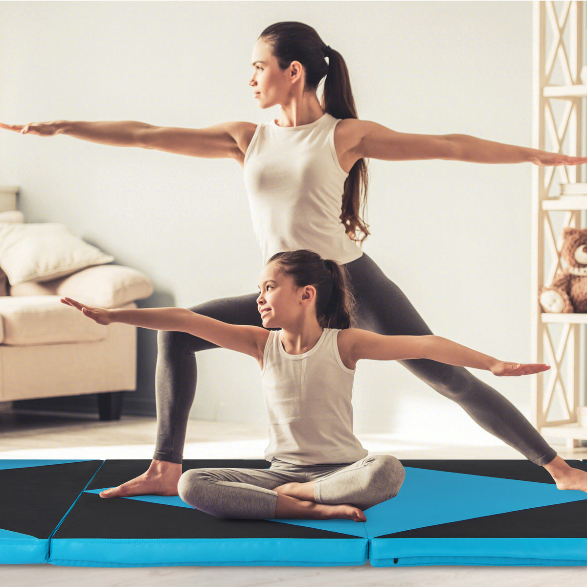 4-Panel PU Leather Folding Exercise Gym Mat with Hook and Loop Fasteners-Black & Turquoise-Yoga & Gym Mats-DECOROLALA