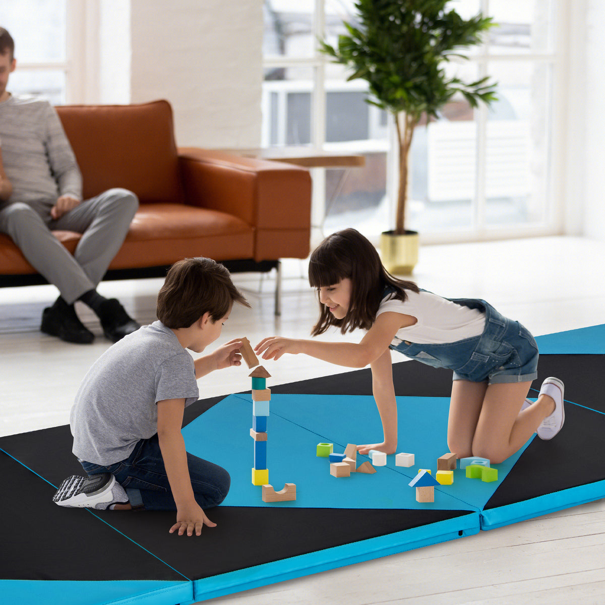 4-Panel PU Leather Folding Exercise Gym Mat with Hook and Loop Fasteners-Black & Turquoise-Yoga & Gym Mats-DECOROLALA