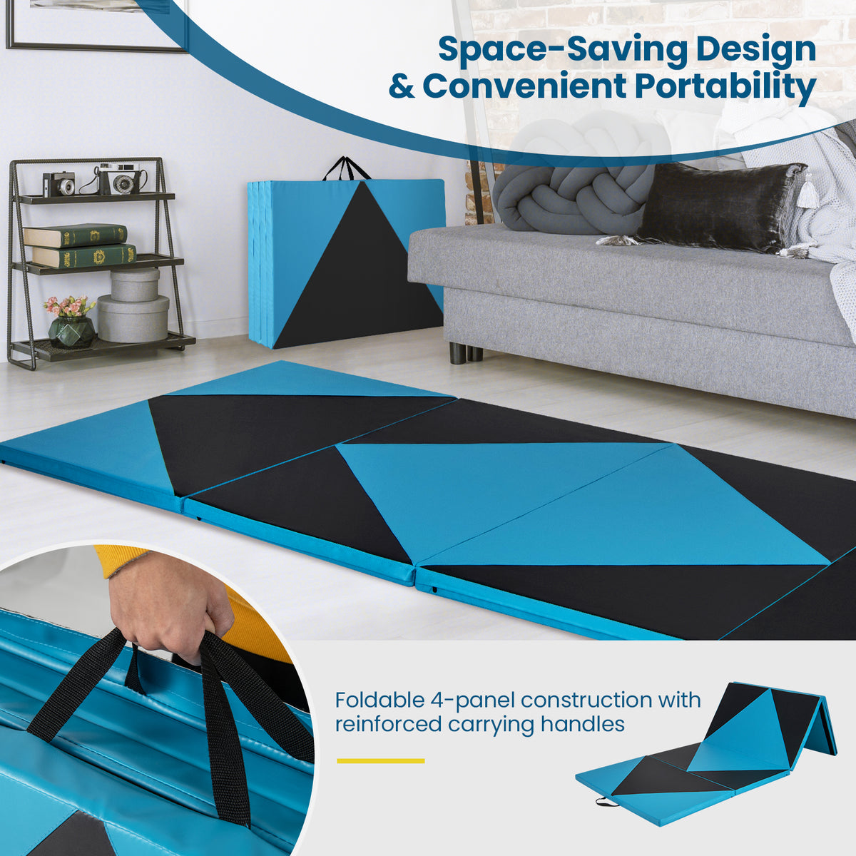4-Panel PU Leather Folding Exercise Gym Mat with Hook and Loop Fasteners-Black & Turquoise-Yoga & Gym Mats-DECOROLALA