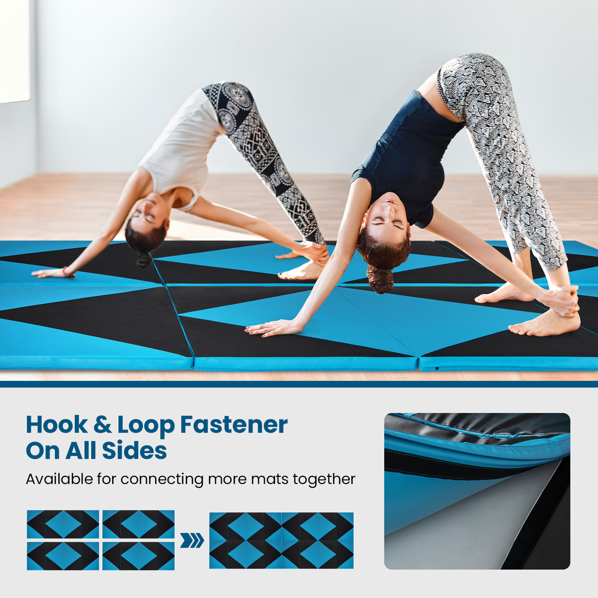 4-Panel PU Leather Folding Exercise Gym Mat with Hook and Loop Fasteners-Black & Turquoise-Yoga & Gym Mats-DECOROLALA