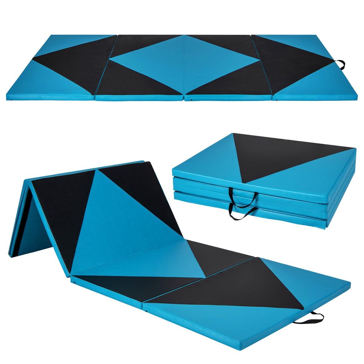 4-Panel PU Leather Folding Exercise Gym Mat with Hook and Loop Fasteners-Black & Turquoise-Yoga & Gym Mats-DECOROLALA