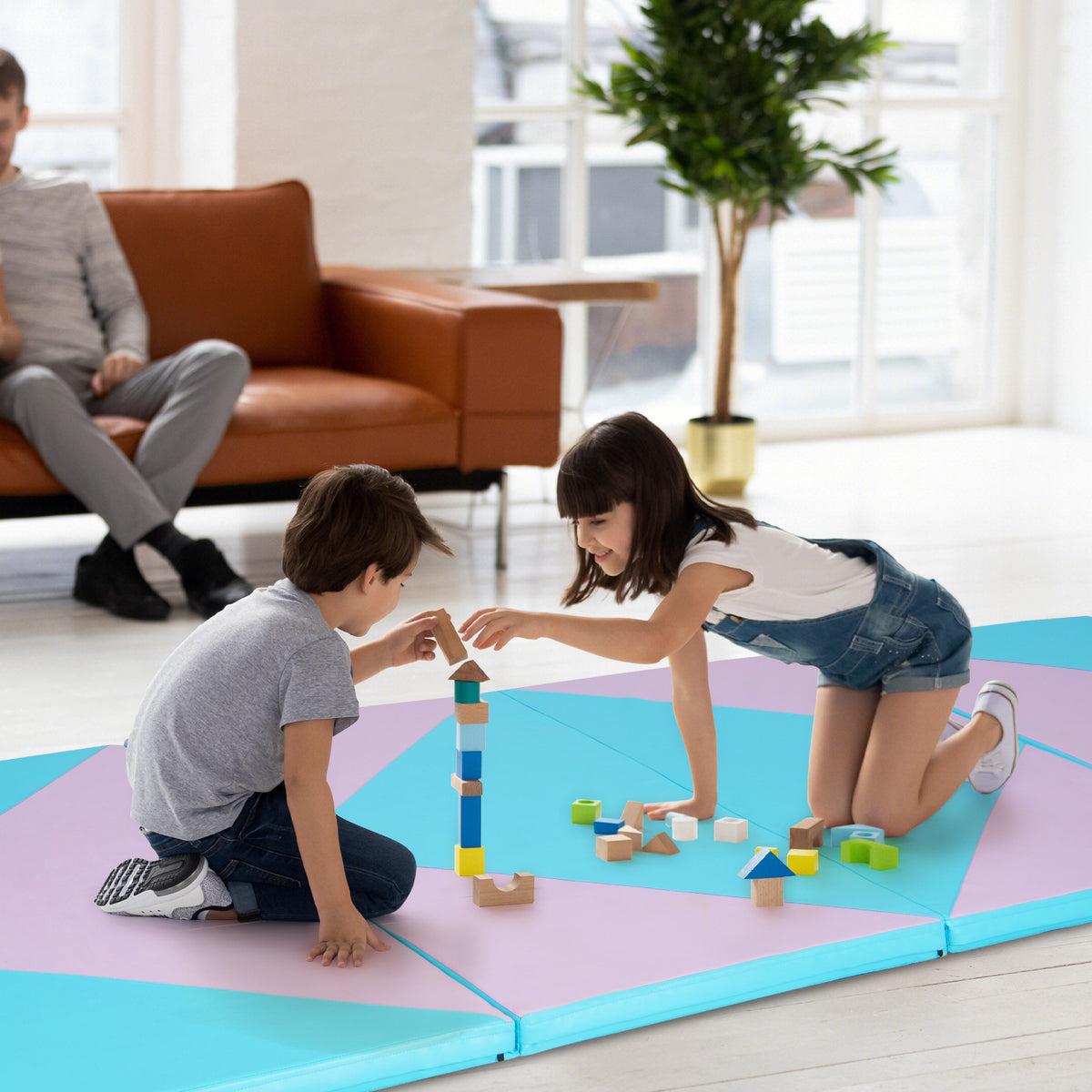 4-Panel PU Leather Folding Exercise Gym Mat with Hook and Loop Fasteners-Pink & Blue-Yoga & Gym Mats-DECOROLALA