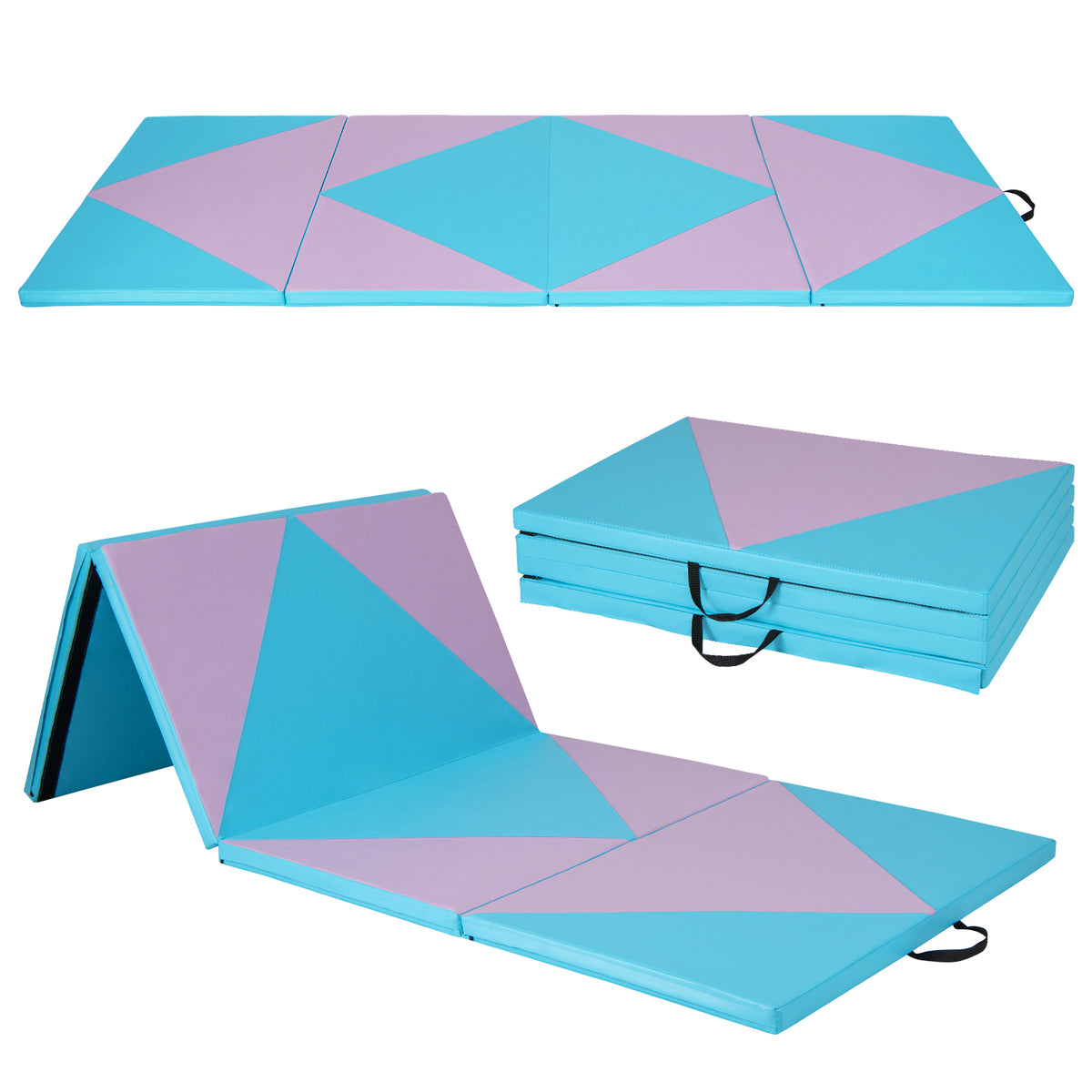 4-Panel PU Leather Folding Exercise Gym Mat with Hook and Loop Fasteners-Pink & Blue-Yoga & Gym Mats-DECOROLALA