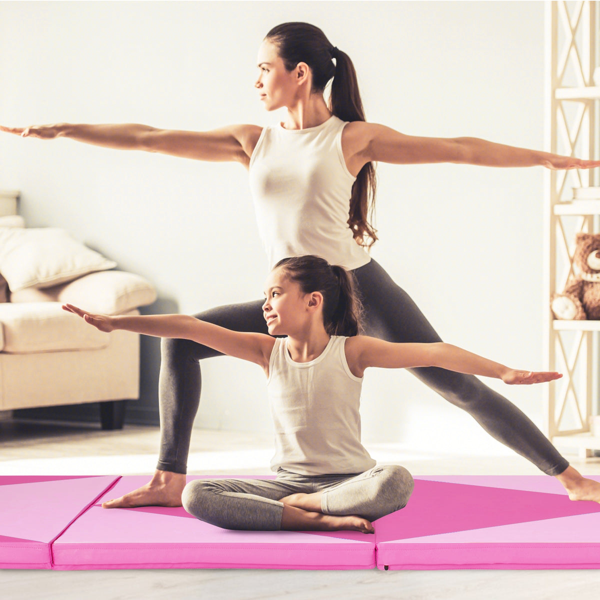 4-Panel PU Leather Folding Exercise Gym Mat with Hook and Loop Fasteners-Pink-Yoga & Gym Mats-DECOROLALA