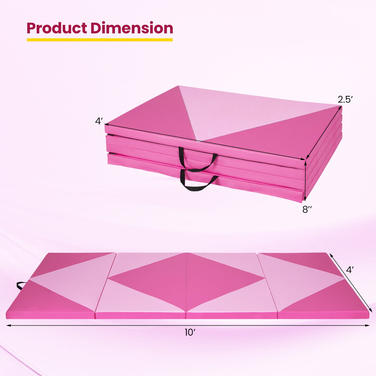 4-Panel PU Leather Folding Exercise Gym Mat with Hook and Loop Fasteners-Pink-Yoga & Gym Mats-DECOROLALA