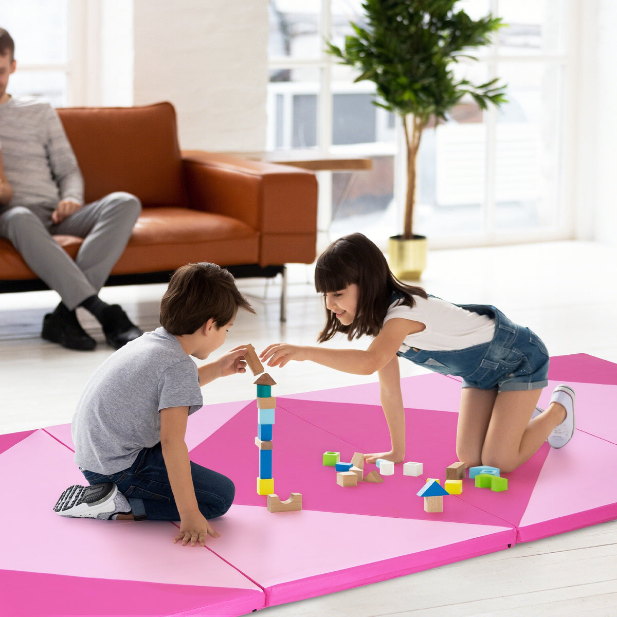 4-Panel PU Leather Folding Exercise Gym Mat with Hook and Loop Fasteners-Pink-Yoga & Gym Mats-DECOROLALA