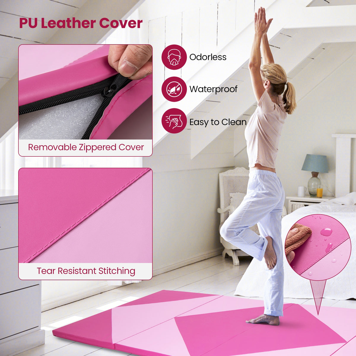 4-Panel PU Leather Folding Exercise Gym Mat with Hook and Loop Fasteners-Pink-Yoga & Gym Mats-DECOROLALA