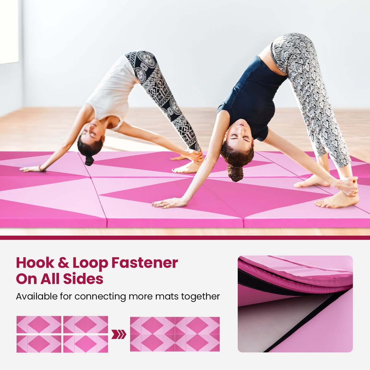 4-Panel PU Leather Folding Exercise Gym Mat with Hook and Loop Fasteners-Pink-Yoga & Gym Mats-DECOROLALA