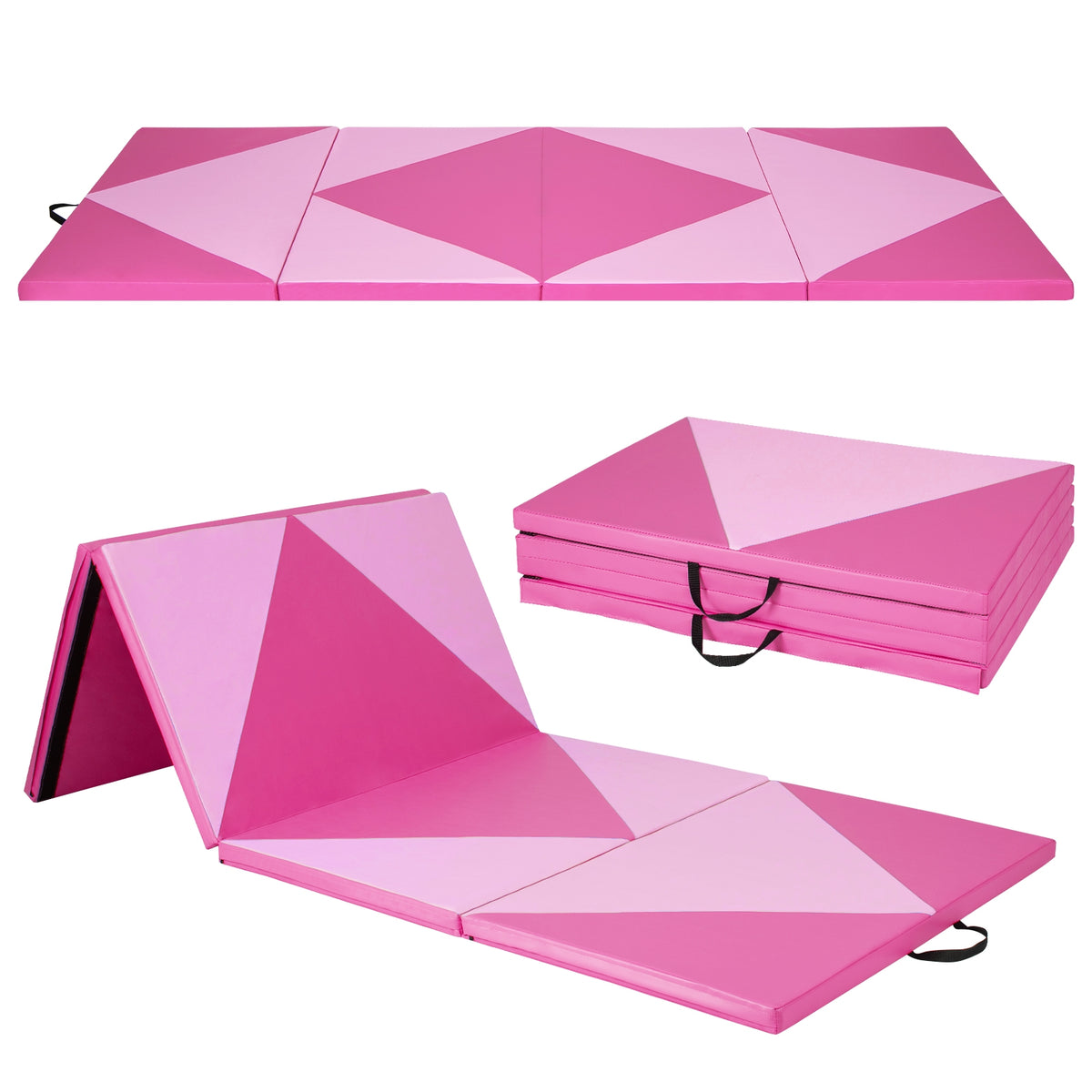 4-Panel PU Leather Folding Exercise Gym Mat with Hook and Loop Fasteners-Pink-Yoga & Gym Mats-DECOROLALA