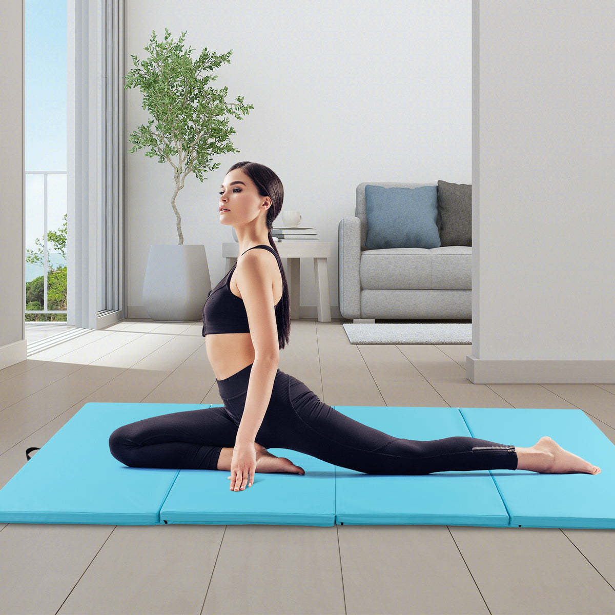 4-Panel PU Leather Folding Exercise Mat with Carrying Handles-Blue-Yoga & Gym Mats-DECOROLALA