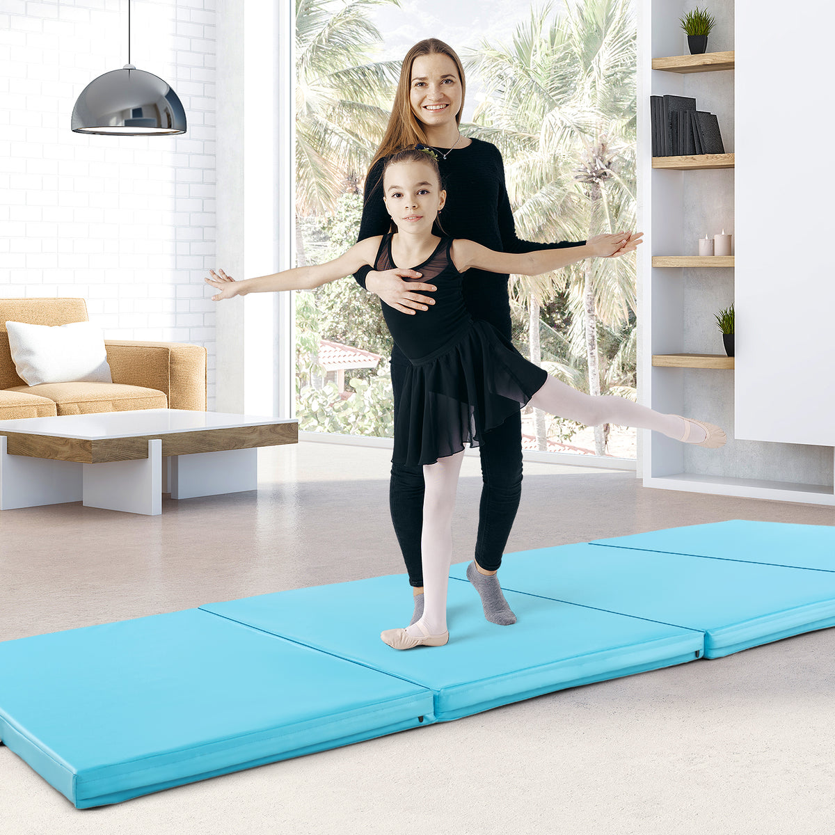 4-Panel PU Leather Folding Exercise Mat with Carrying Handles-Blue-Yoga & Gym Mats-DECOROLALA
