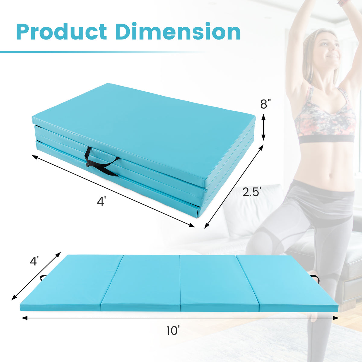 4-Panel PU Leather Folding Exercise Mat with Carrying Handles-Blue-Yoga & Gym Mats-DECOROLALA