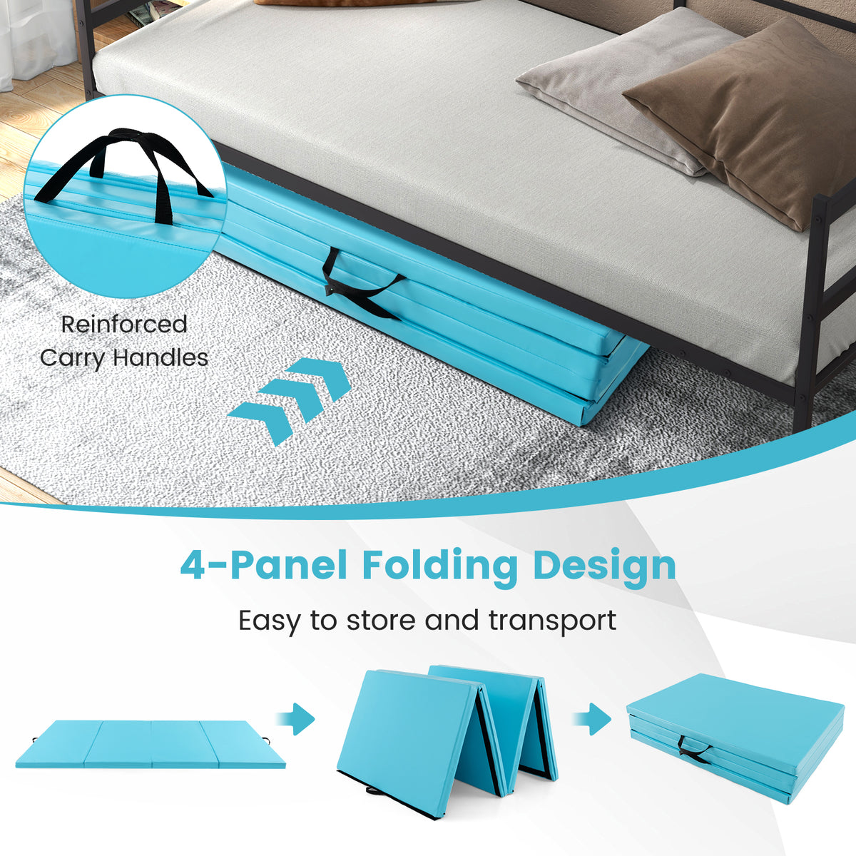 4-Panel PU Leather Folding Exercise Mat with Carrying Handles-Blue-Yoga & Gym Mats-DECOROLALA