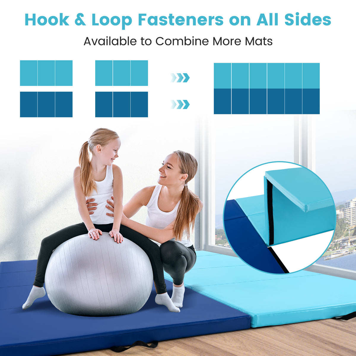 4-Panel PU Leather Folding Exercise Mat with Carrying Handles-Blue-Yoga & Gym Mats-DECOROLALA