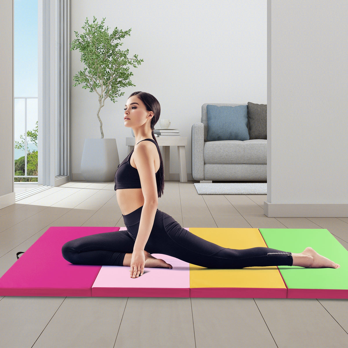 4-Panel PU Leather Folding Exercise Mat with Carrying Handles-Green-Yoga & Gym Mats-DECOROLALA