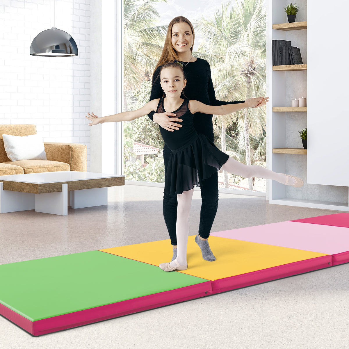 4-Panel PU Leather Folding Exercise Mat with Carrying Handles-Green-Yoga & Gym Mats-DECOROLALA