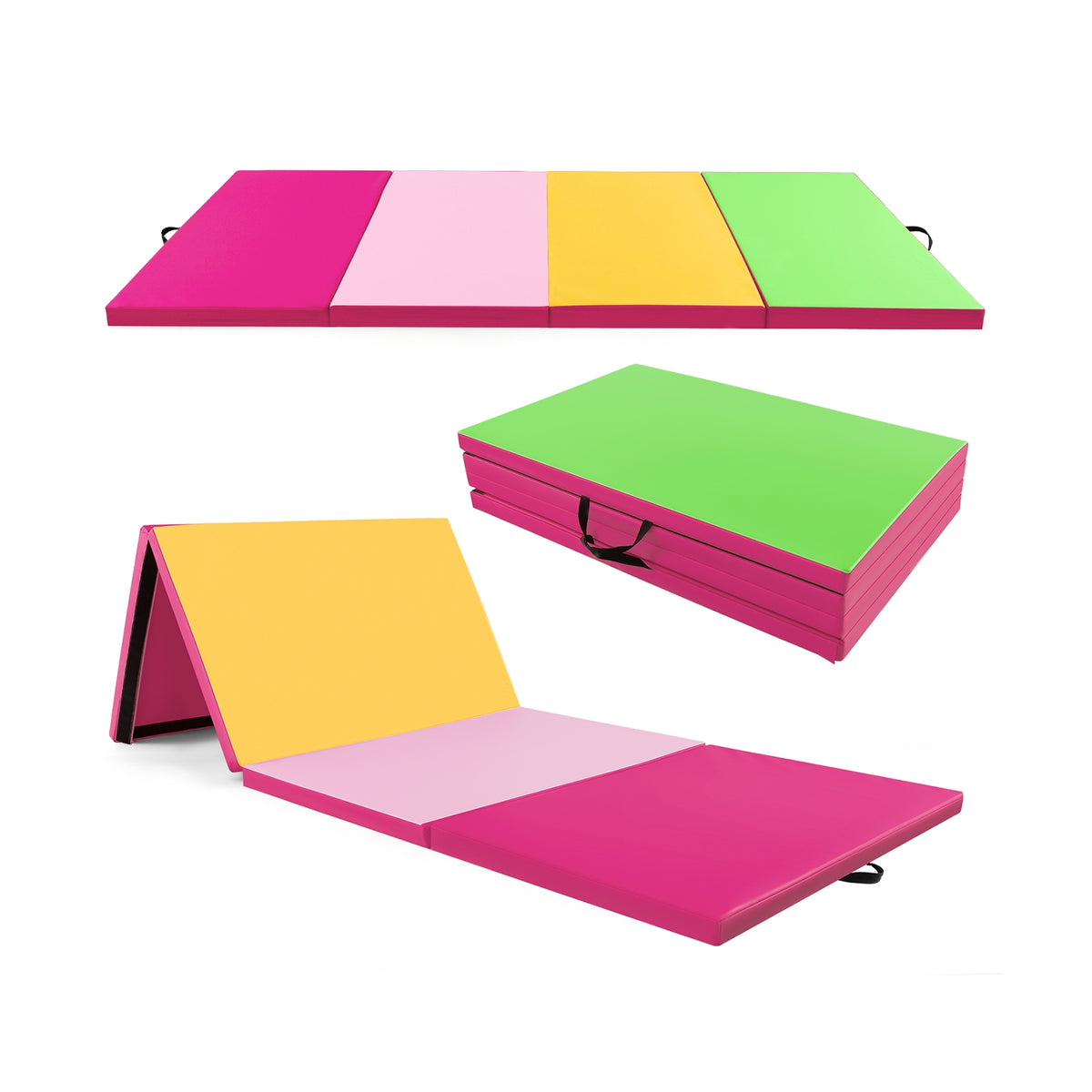 4-Panel PU Leather Folding Exercise Mat with Carrying Handles-Green-Yoga & Gym Mats-DECOROLALA