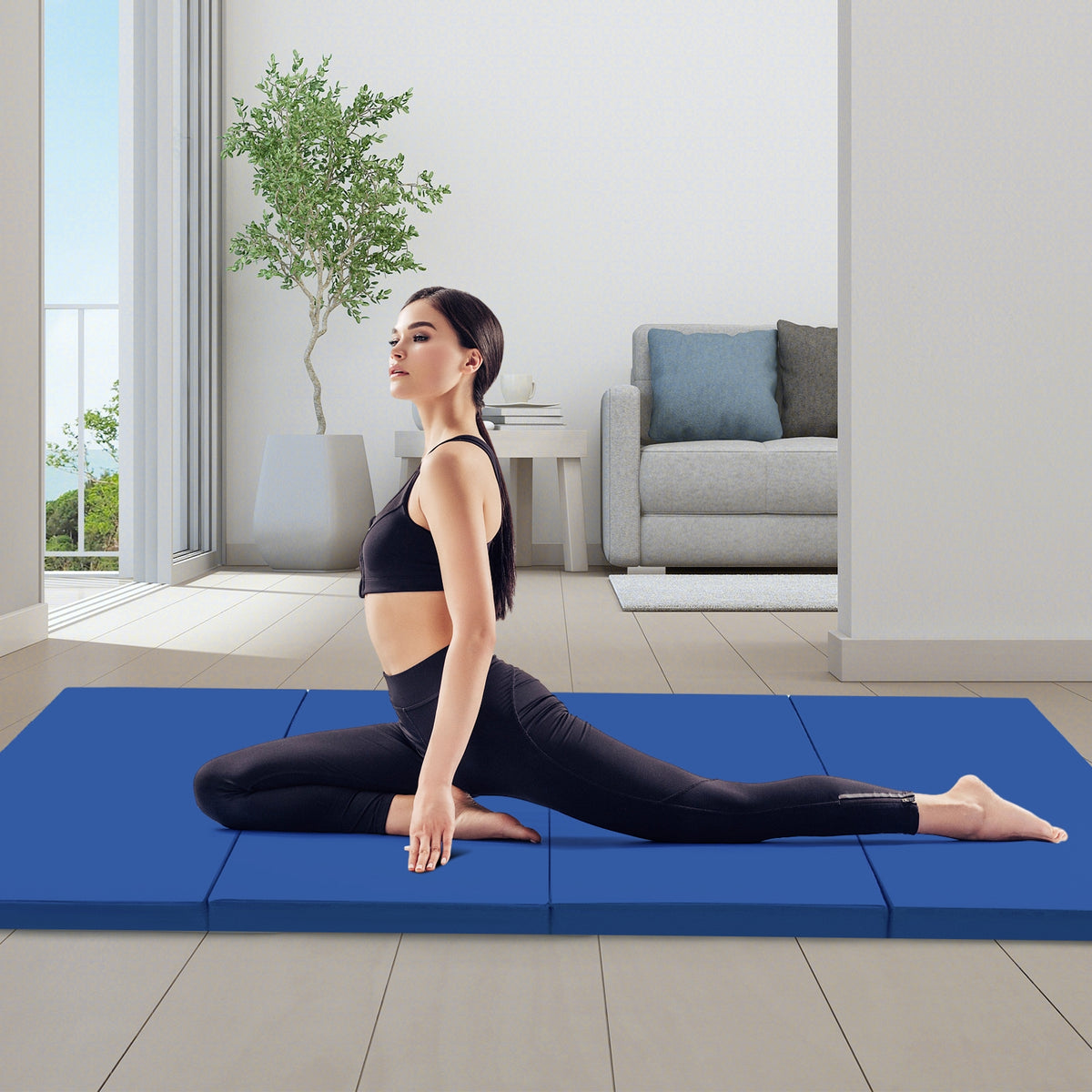 4-Panel PU Leather Folding Exercise Mat with Carrying Handles-Navy-Yoga & Gym Mats-DECOROLALA