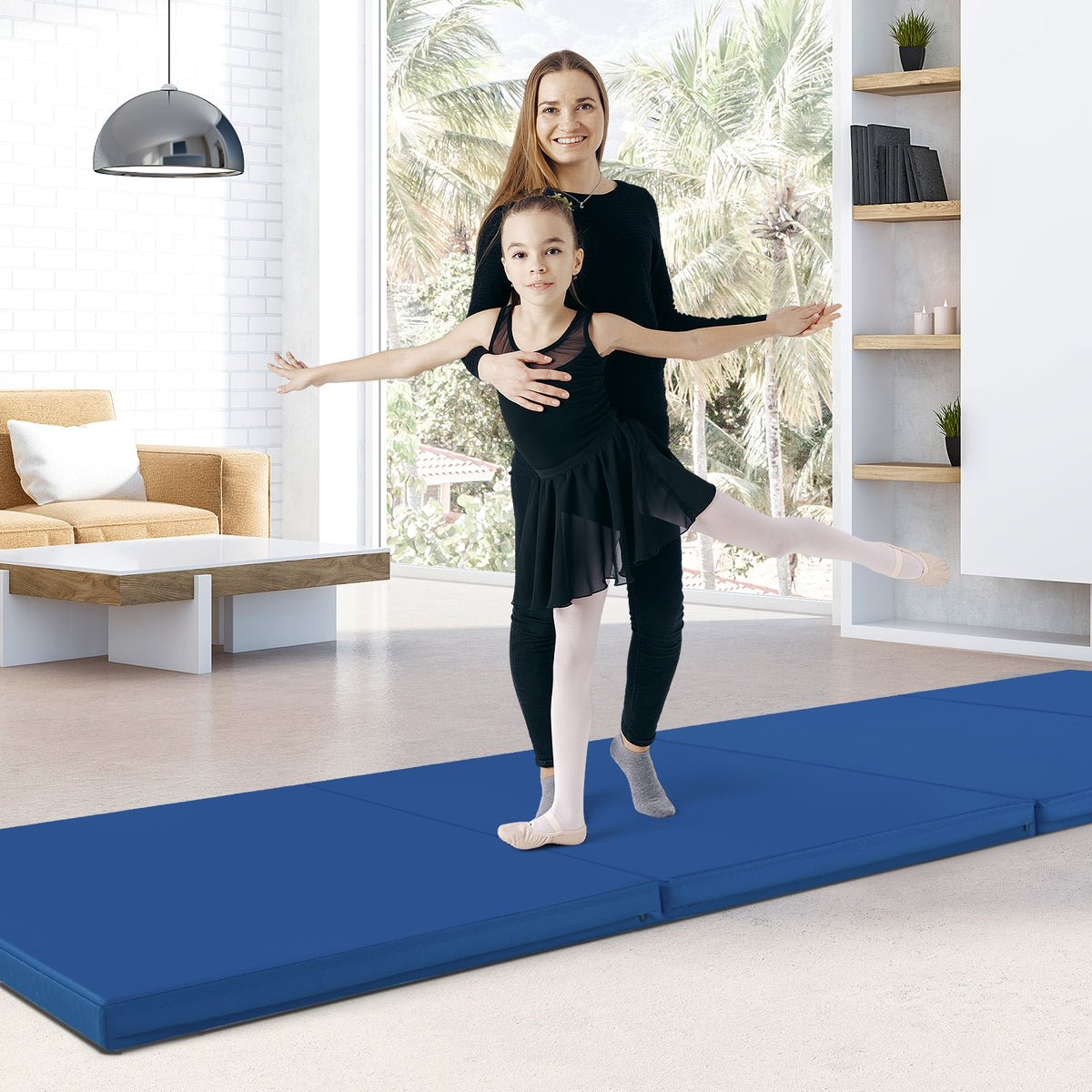 4-Panel PU Leather Folding Exercise Mat with Carrying Handles-Navy-Yoga & Gym Mats-DECOROLALA