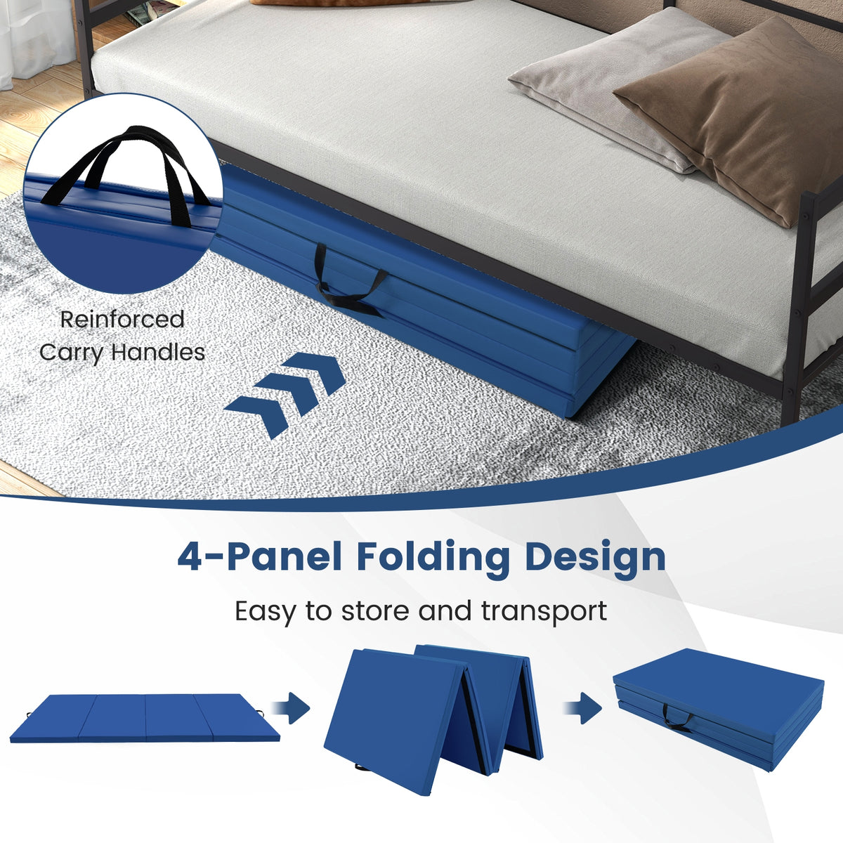 4-Panel PU Leather Folding Exercise Mat with Carrying Handles-Navy-Yoga & Gym Mats-DECOROLALA