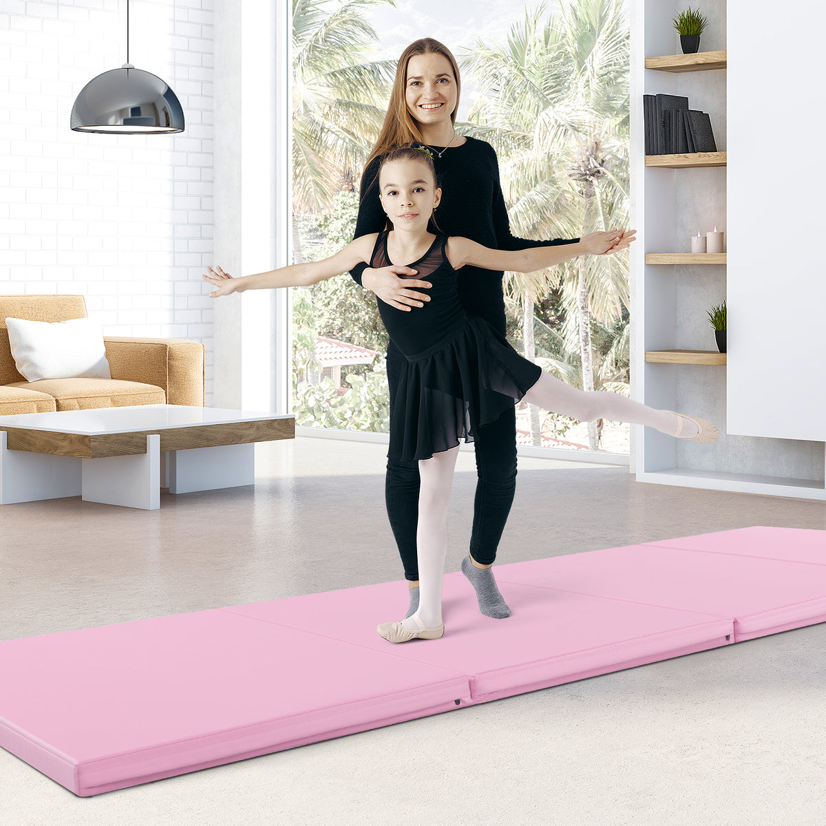 4-Panel PU Leather Folding Exercise Mat with Carrying Handles-Pink-Yoga & Gym Mats-DECOROLALA