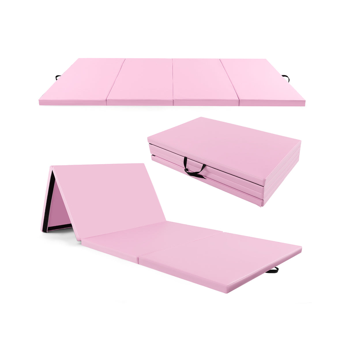 4-Panel PU Leather Folding Exercise Mat with Carrying Handles-Pink-Yoga & Gym Mats-DECOROLALA
