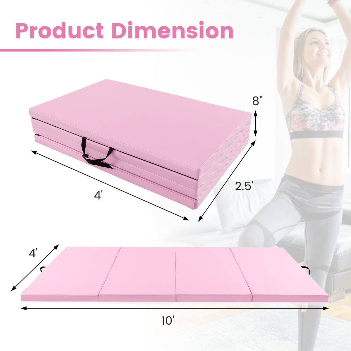 4-Panel PU Leather Folding Exercise Mat with Carrying Handles-Pink-Yoga & Gym Mats-DECOROLALA