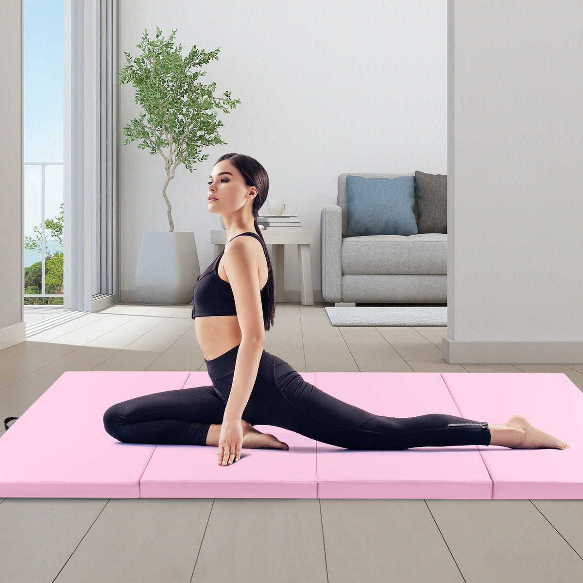 4-Panel PU Leather Folding Exercise Mat with Carrying Handles-Pink-Yoga & Gym Mats-DECOROLALA