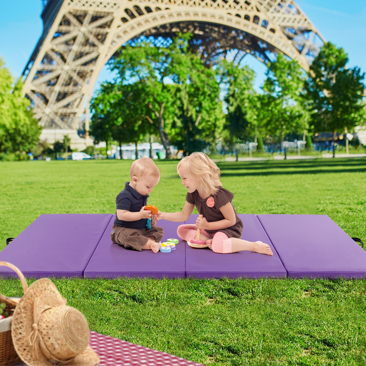 4-Panel PU Leather Folding Exercise Mat with Carrying Handles-Purple-Yoga & Gym Mats-DECOROLALA