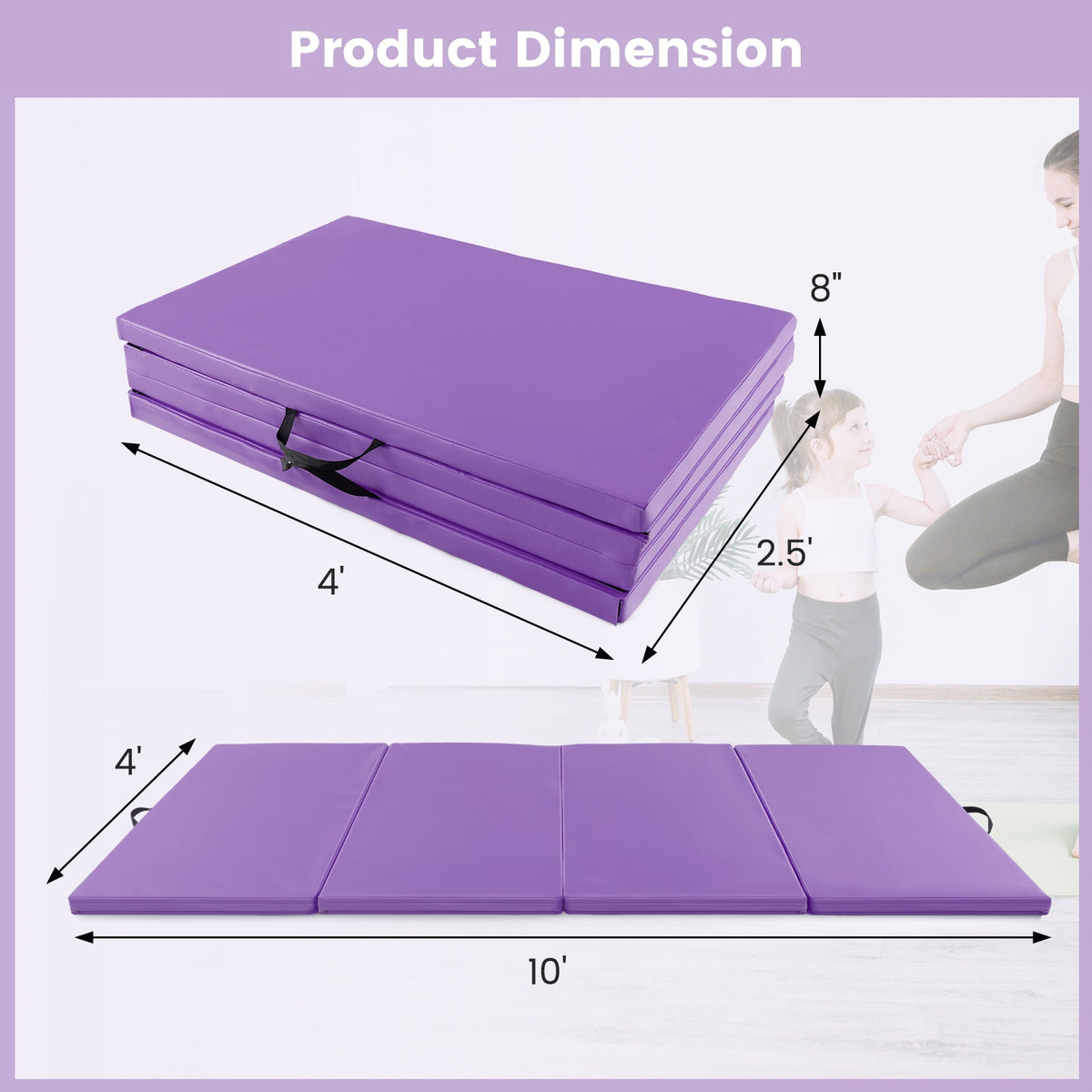 4-Panel PU Leather Folding Exercise Mat with Carrying Handles-Purple-Yoga & Gym Mats-DECOROLALA