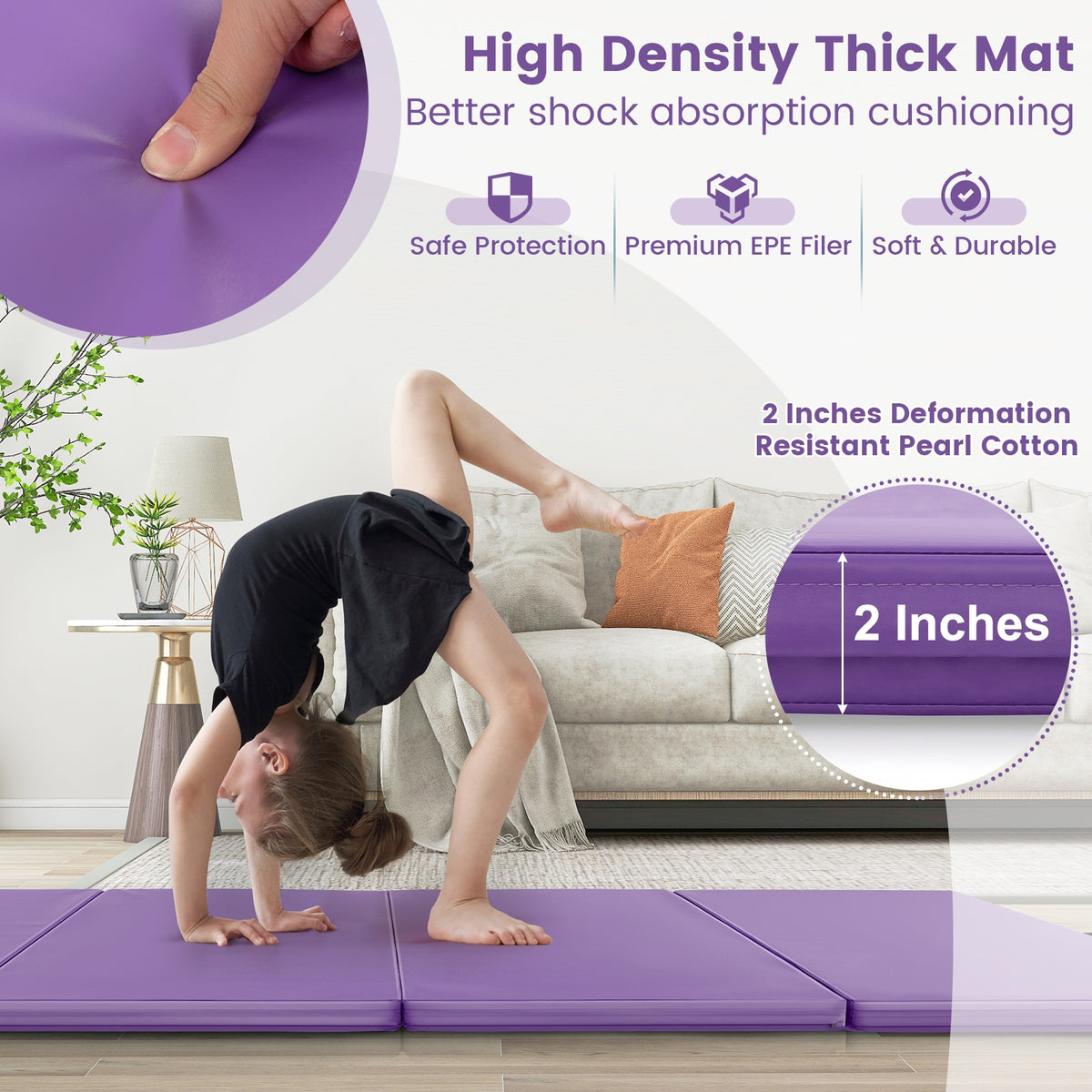 4-Panel PU Leather Folding Exercise Mat with Carrying Handles-Purple-Yoga & Gym Mats-DECOROLALA