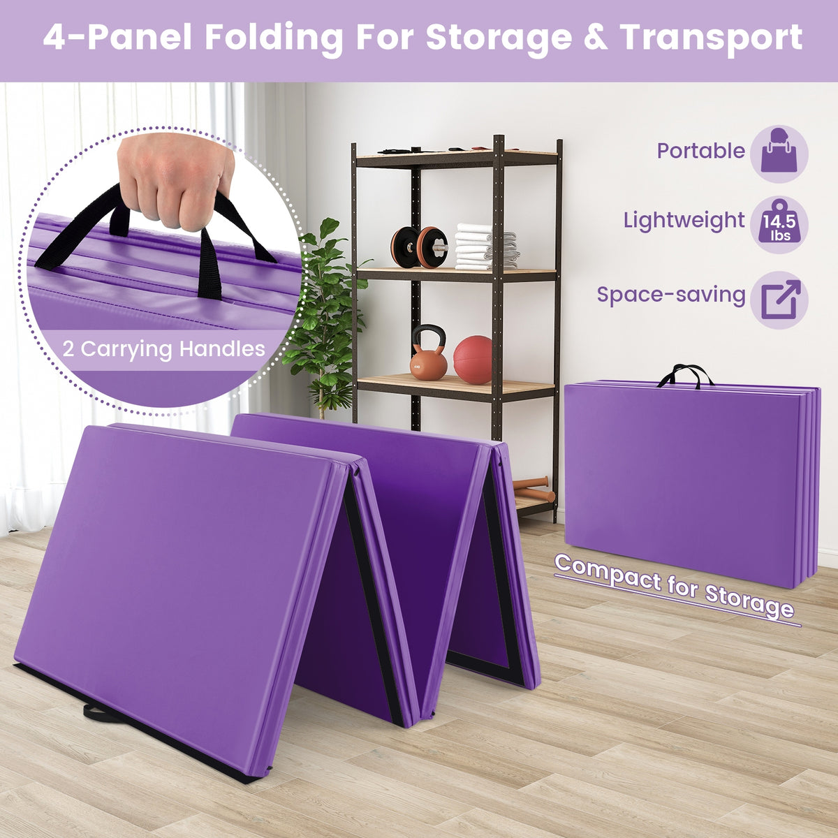 4-Panel PU Leather Folding Exercise Mat with Carrying Handles-Purple-Yoga & Gym Mats-DECOROLALA