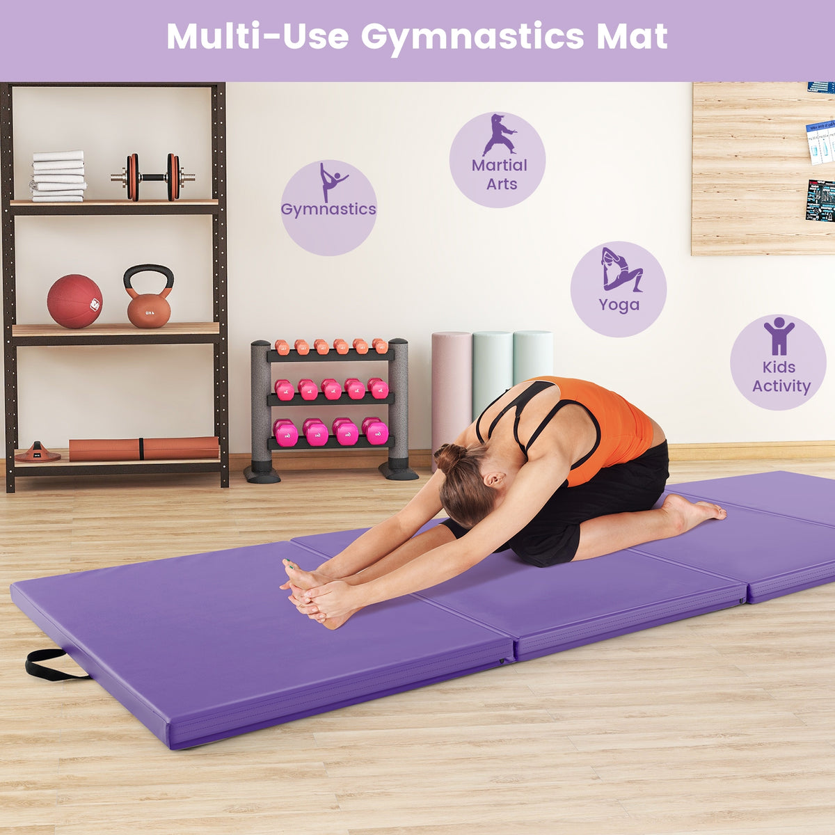 4-Panel PU Leather Folding Exercise Mat with Carrying Handles-Purple-Yoga & Gym Mats-DECOROLALA
