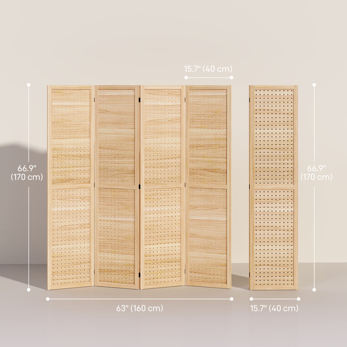 4-Panel Pegboard Room Divider - 5.6 Ft. Wood Natural-Home Furnishings > Living Room Furniture > Room Dividers-DECOROLALA