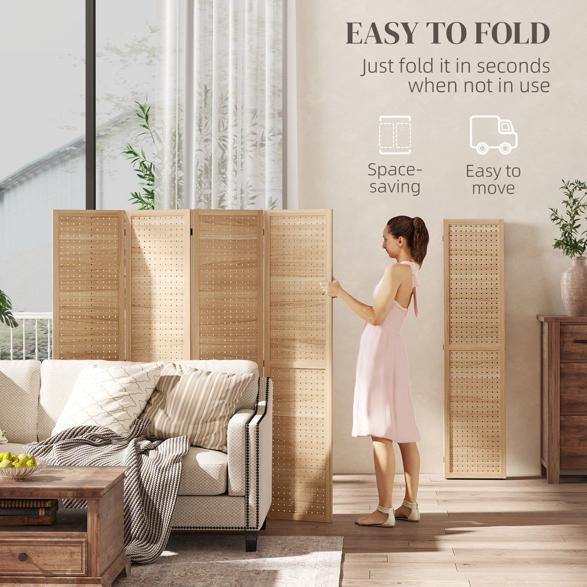 4-Panel Pegboard Room Divider - 5.6 Ft. Wood Natural-Home Furnishings > Living Room Furniture > Room Dividers-DECOROLALA