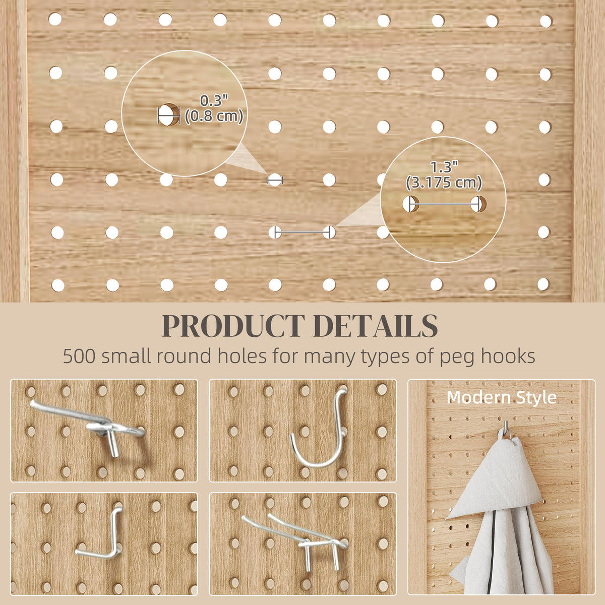 4-Panel Pegboard Room Divider - 5.6 Ft. Wood Natural-Home Furnishings > Living Room Furniture > Room Dividers-DECOROLALA