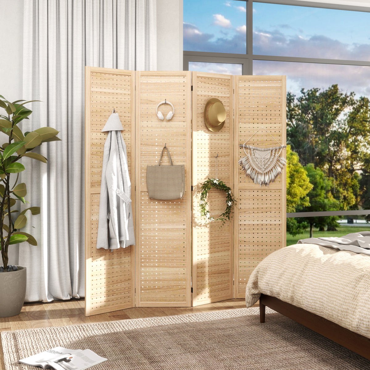 4-Panel Pegboard Room Divider - 5.6 Ft. Wood Natural-Home Furnishings > Living Room Furniture > Room Dividers-DECOROLALA