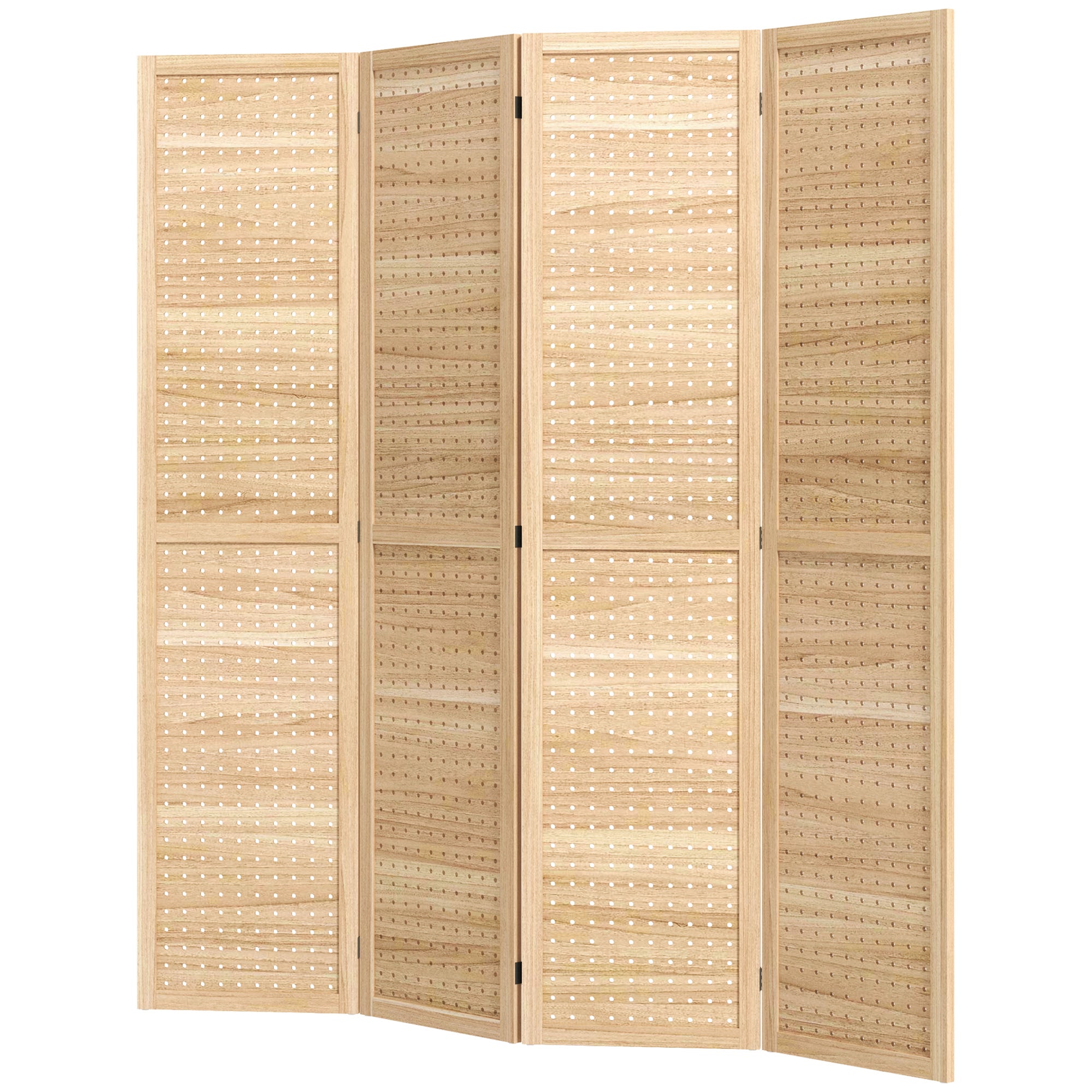 4-Panel Pegboard Room Divider - 5.6 Ft. Wood Natural-Home Furnishings > Living Room Furniture > Room Dividers-DECOROLALA