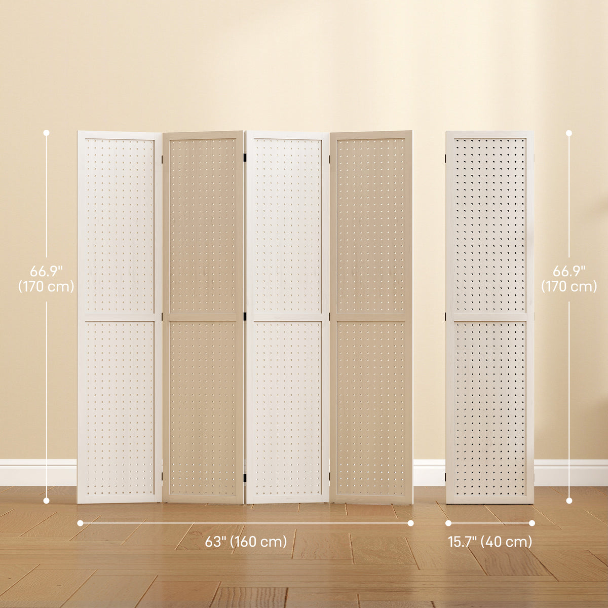 4-Panel Pegboard Room Divider - White Paulownia Wood 67" H-Home Furnishings > Living Room Furniture > Room Dividers-DECOROLALA