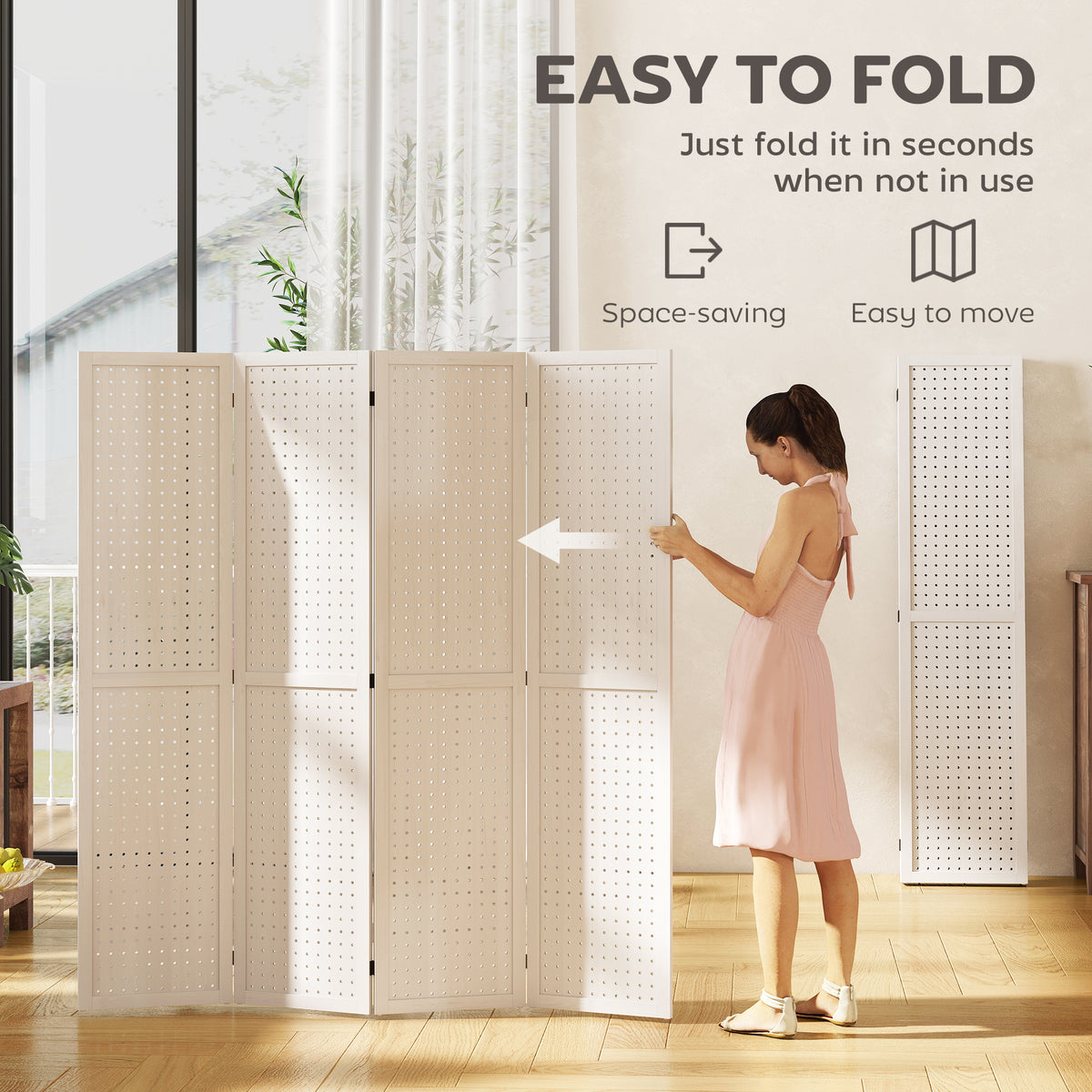 4-Panel Pegboard Room Divider - White Paulownia Wood 67" H-Home Furnishings > Living Room Furniture > Room Dividers-DECOROLALA