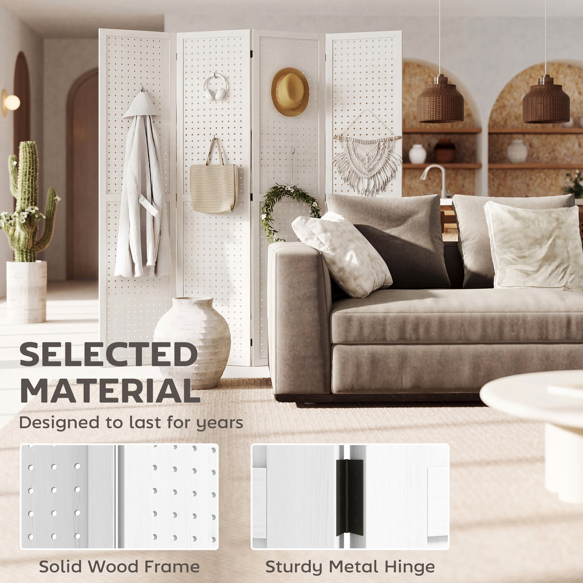 4-Panel Pegboard Room Divider - White Paulownia Wood 67" H-Home Furnishings > Living Room Furniture > Room Dividers-DECOROLALA